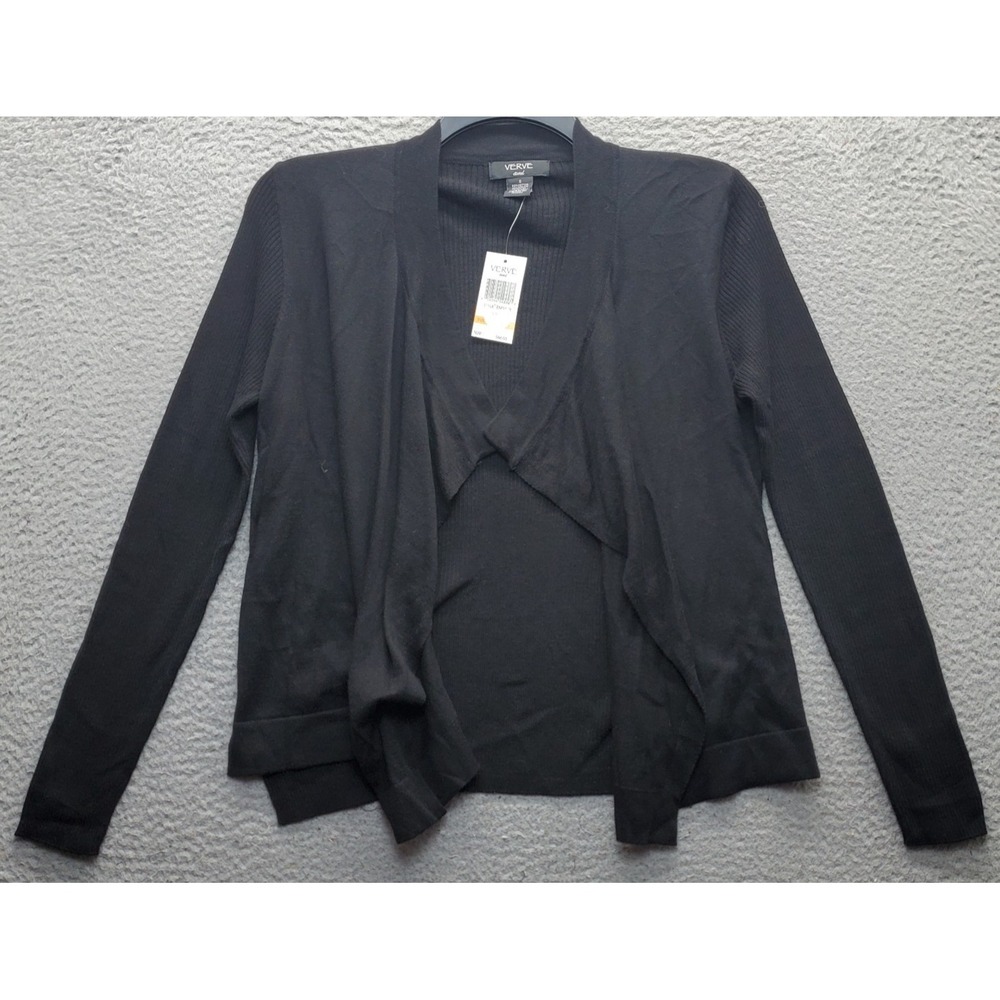 Verve Ami Cardigan Sweater Womens Small Black Ribbed Knit Long Sleeve Open Front